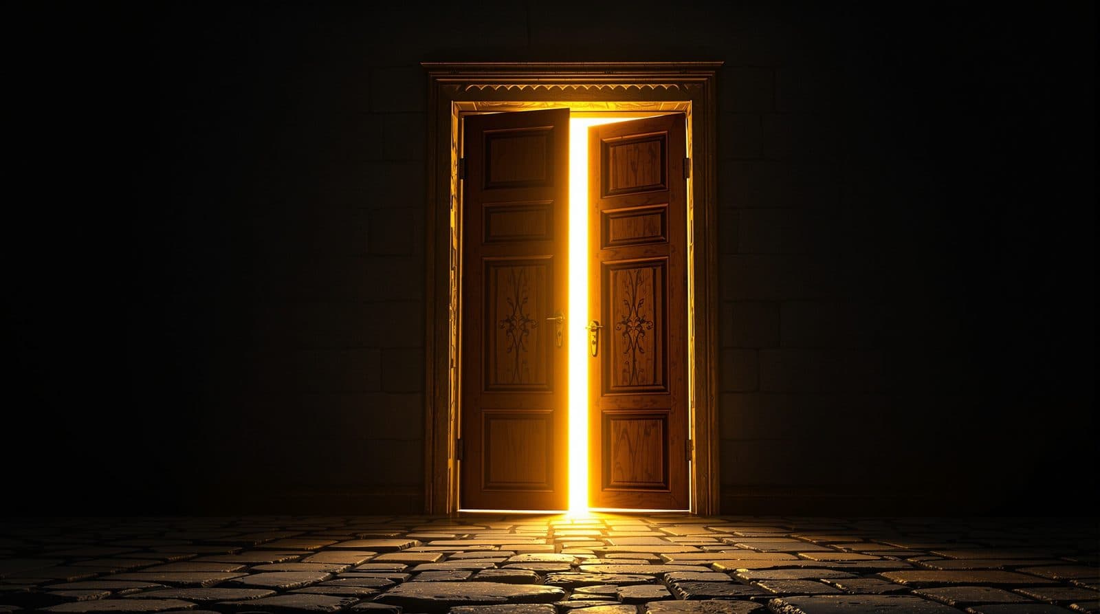Une porte de bois entrouverte dans l’obscurité, d’où s’échappe une lumière dorée
